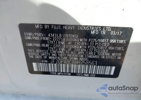 2017 Subaru Crosstrek 2.0I Premium z USA, uszkodzony, nr VIN JF2GPABC8HH258563